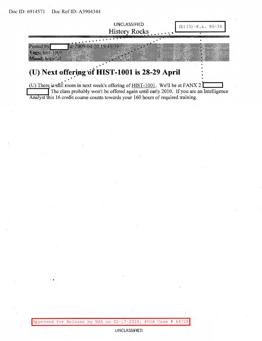  NSA HISTORY ROCKS-NEXT OFFERING OF HIST-1001 IS 28-29 APRIL