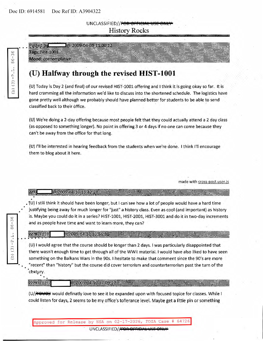  NSA HISTORY ROCKS-HALFWAY THROUGH THE REVISED HIST-1001