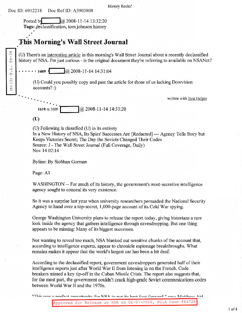  NSA HISTORY ROCKS-THIS MORNING'S WALL STREET JOURNAL
