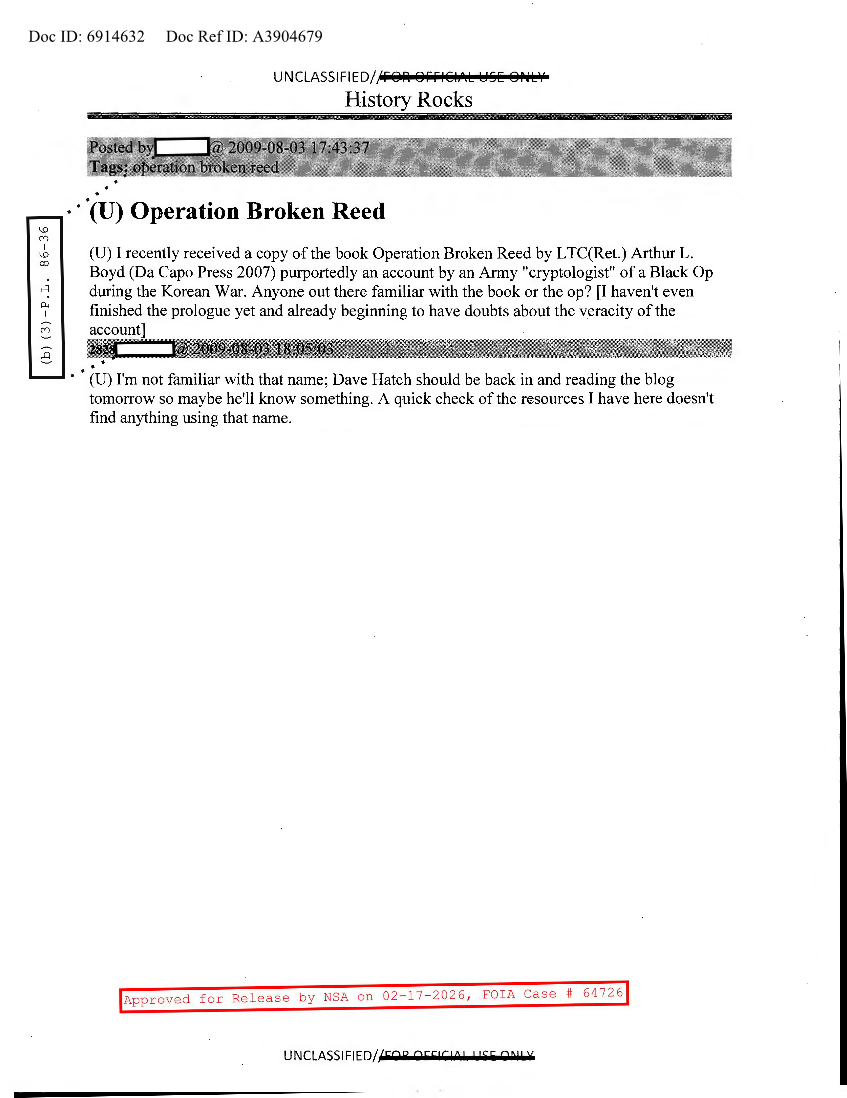  NSA HISTORY ROCKS-OPERATION BROKEN REED