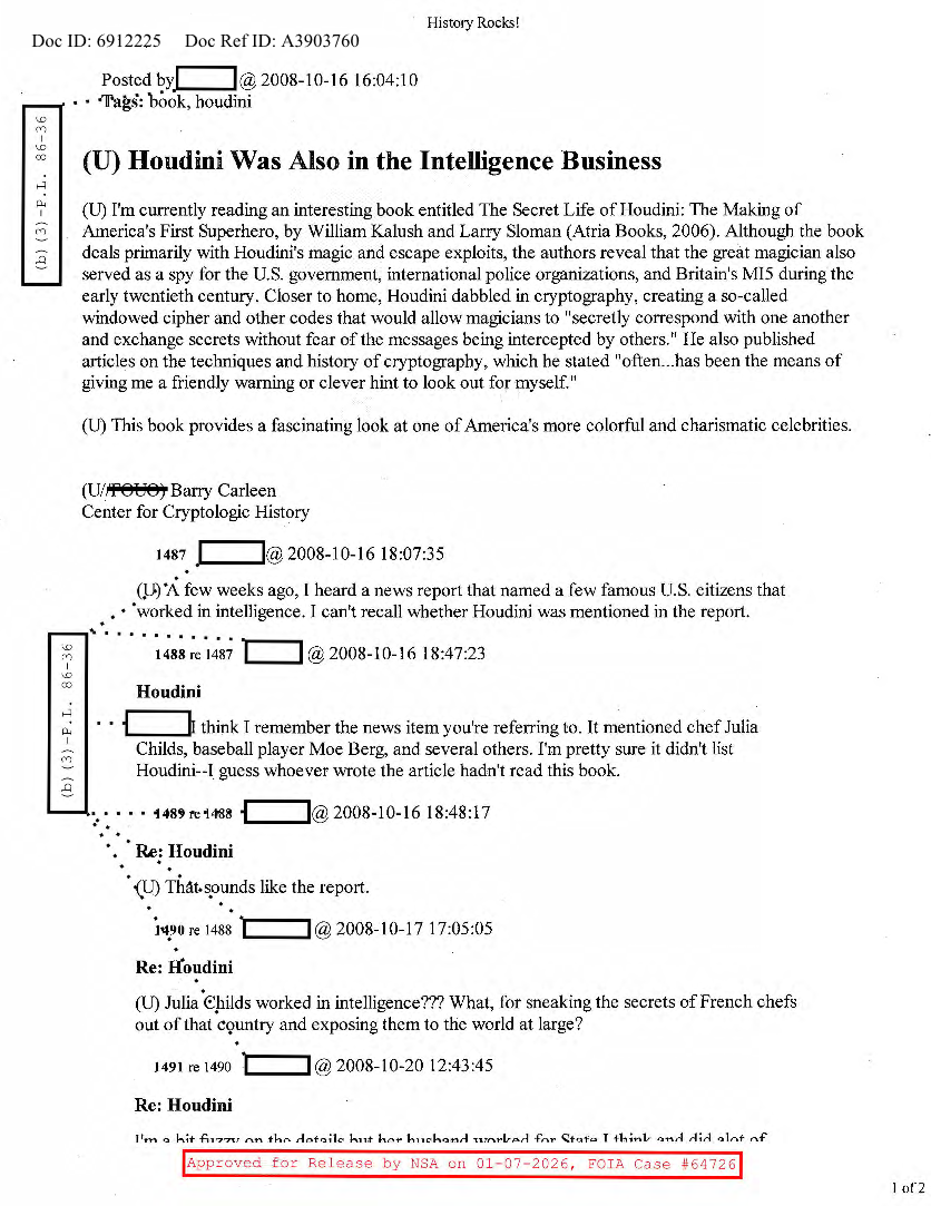 NSA HISTORY ROCKS-HOUDINI WAS ALSO IN THE INTELLIGENCE BUSINESS
