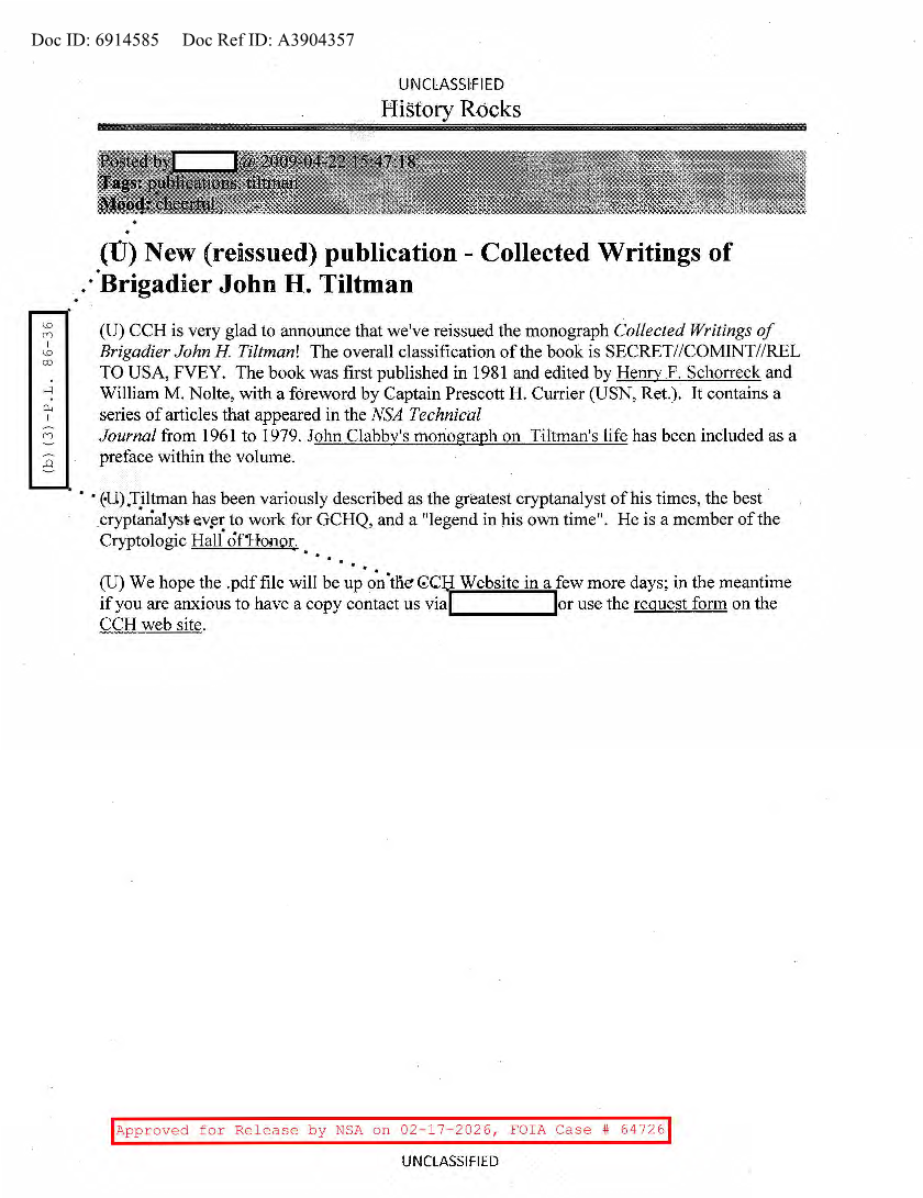  NSA HISTORY ROCKS-NEW (REISSUED) PUBLICATION-COLLECTED WRITINGS OF BRIGADIER JOHN H. TILTMAN