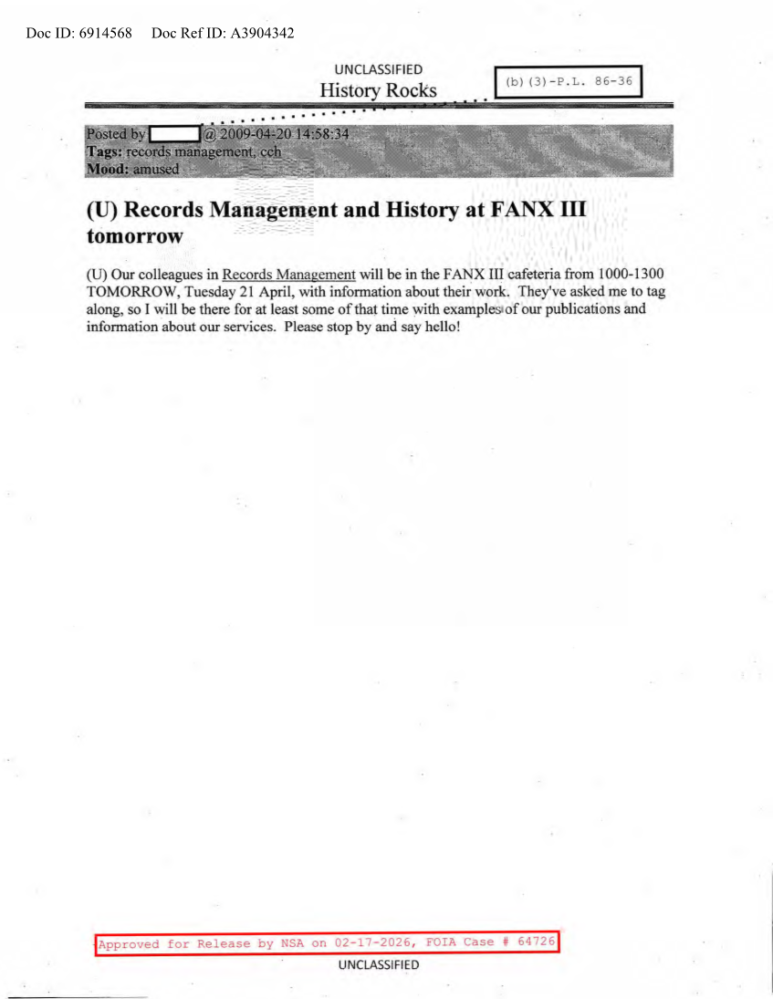  NSA HISTORY ROCKS-RECORDS MANAGEMENT AND HISTORY AT FANX III TOMORROW