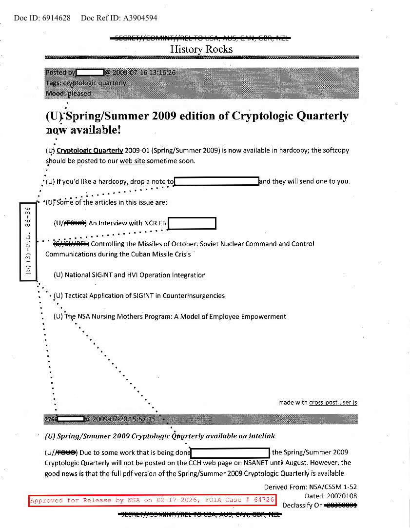  NSA HISTORY ROCKS-SPRING-SUMMER 2009 EDITION OF CRYPTOLOGIC QUARTERLY NOW AVAILABLE!
