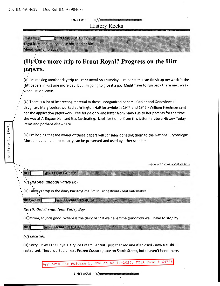  NSA HISTORY ROCKS-ONE MORE TRIP TO FRONT ROYAL. PROGRESS ON THE HITT PAPERS.