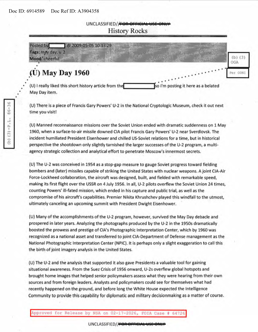  NSA HISTORY ROCKS-MAY DAY 1960
