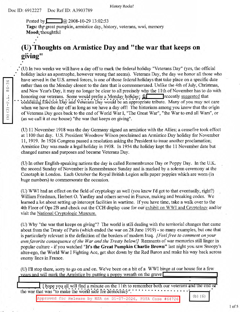  NSA HISTORY ROCKS-THOUGHTS ON ARMISTICE DAY AND 'THE WAR THAT KEEPS ON GIVING'