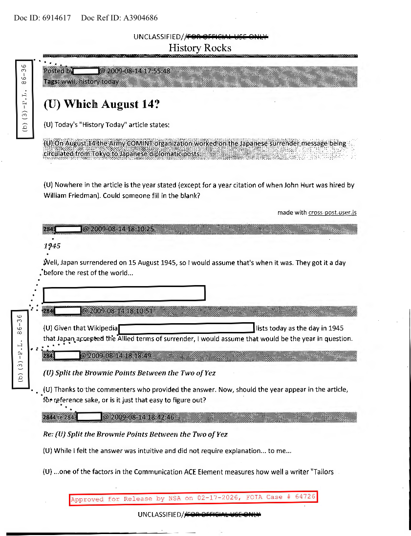  NSA HISTORY ROCKS-WHICH AUGUST 14