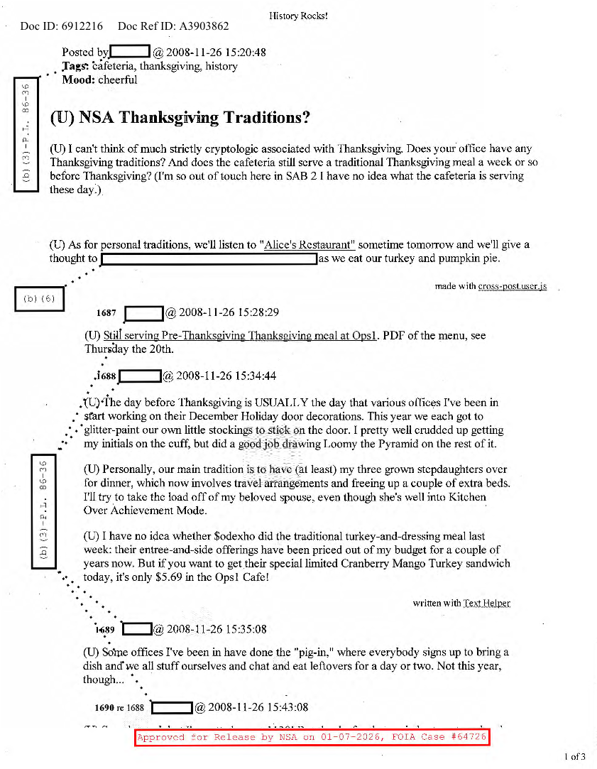  NSA HISTORY ROCKS-NSA THANKSGIVING TRADITIONS