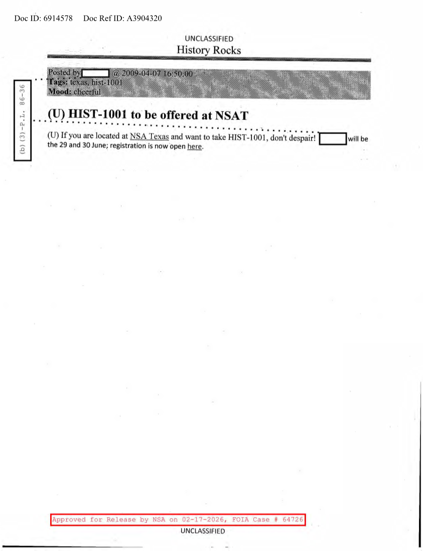  NSA HISTORY ROCKS-HIST-1001 TO BE OFFERED AT NSAT
