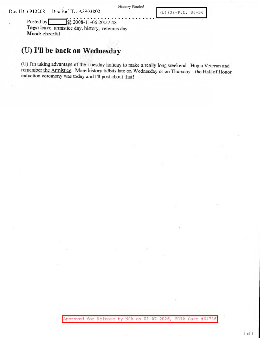  NSA HISTORY ROCKS-I'LL BE BACK ON WEDNESDAY
