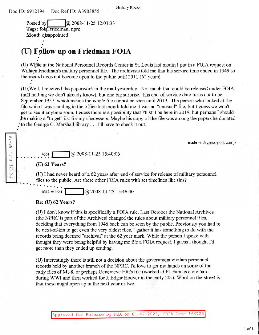  NSA HISTORY ROCKS-FOLLOW UP ON FRIEDMAN FOIA