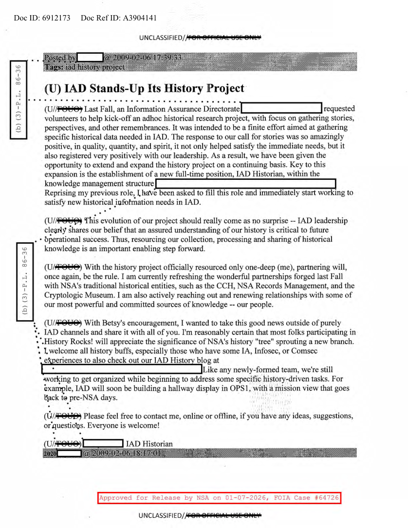  NSA HISTORY ROCKS-NSA HISTORY ROCKS-IAD STANDS-UP ITS HISTORY PROJECT