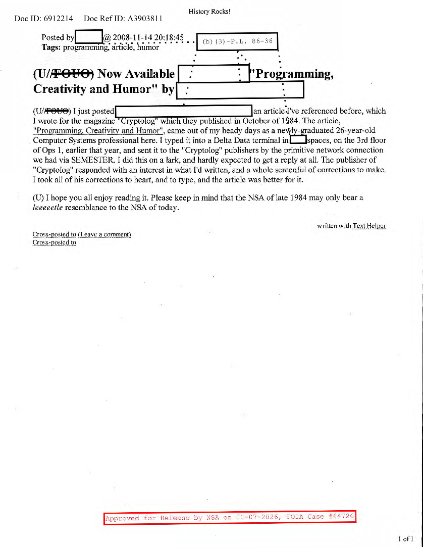  NSA HISTORY ROCKS-NOW AVAILABLE ___ PROGRAMMING, CREATIVITY AND HUMOR BY___