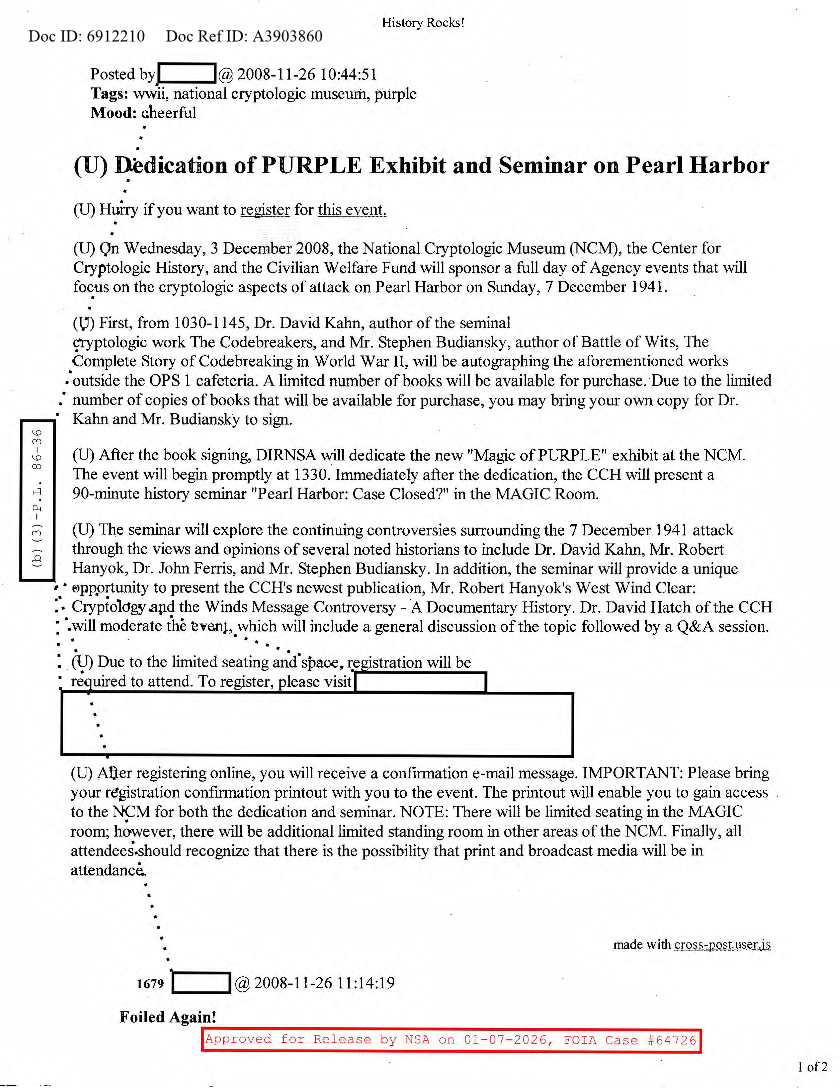  NSA HISTORY ROCKS-DEDICATION OF PURPLE EXHIBIT AND SEMINAR ON PEARL HARBOR