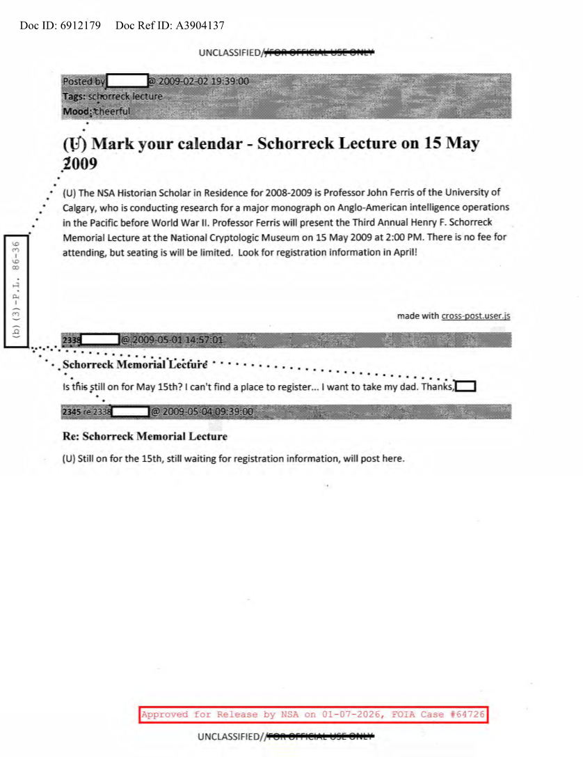  NSA HISTORY ROCKS-MARK YOUR CALENDAR-SCHORRECK LECTURE ON 15 MAY 2009