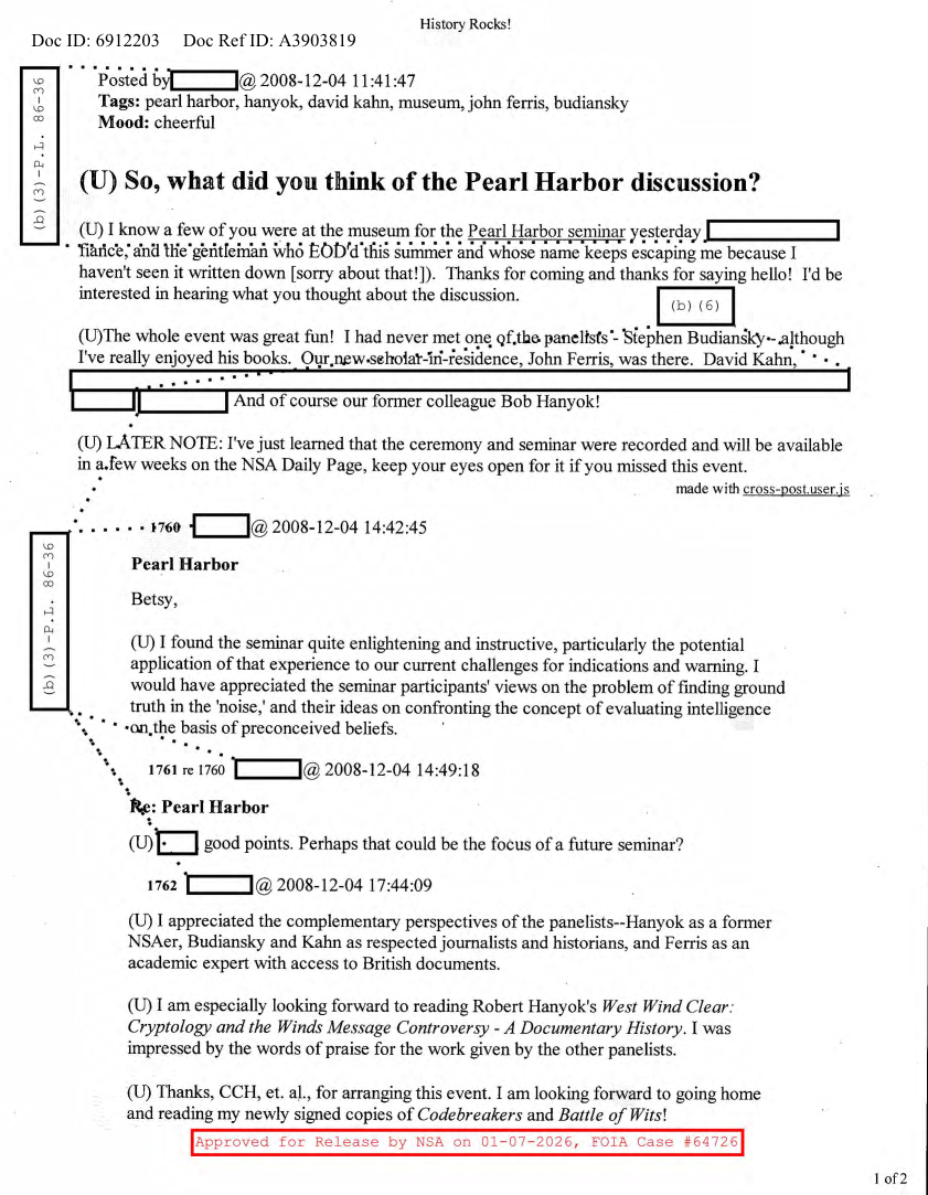  NSA HISTORY ROCKS-SO, WHAT DI YOU THINK OF THE PEARL HARBOR DISCUSSION