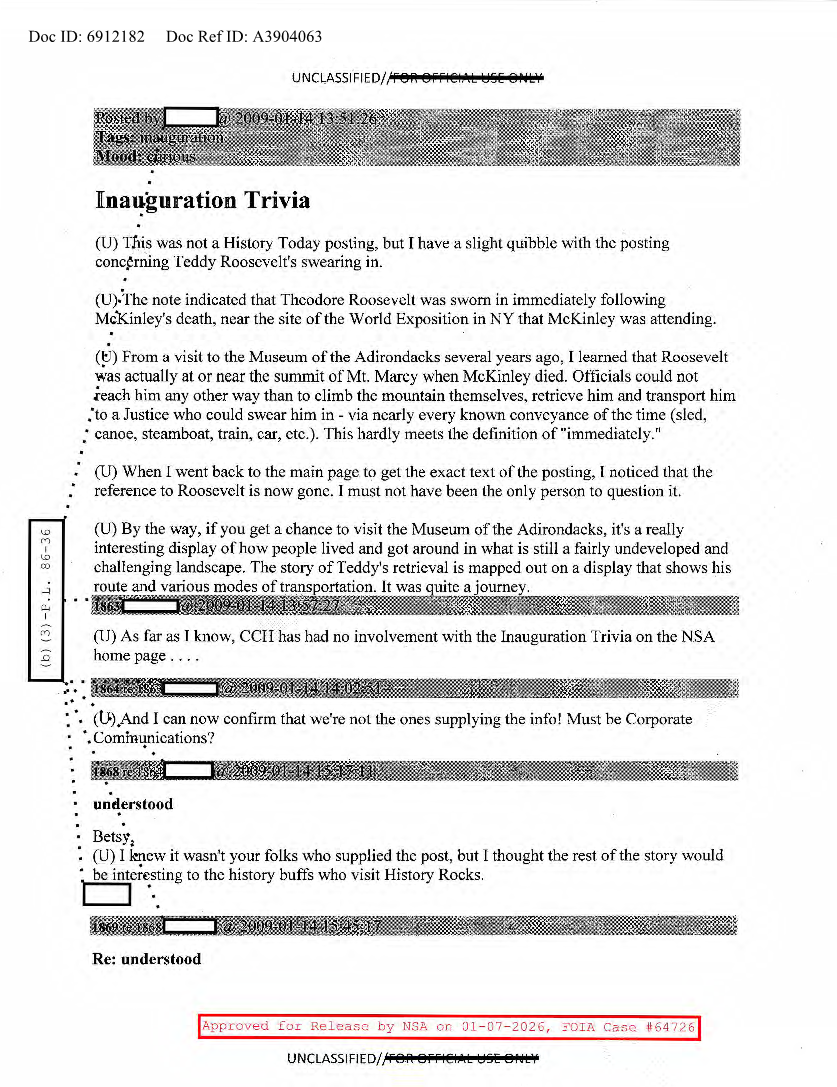  NSA HISTORY ROCKS-INAUGURATION TRIVIA