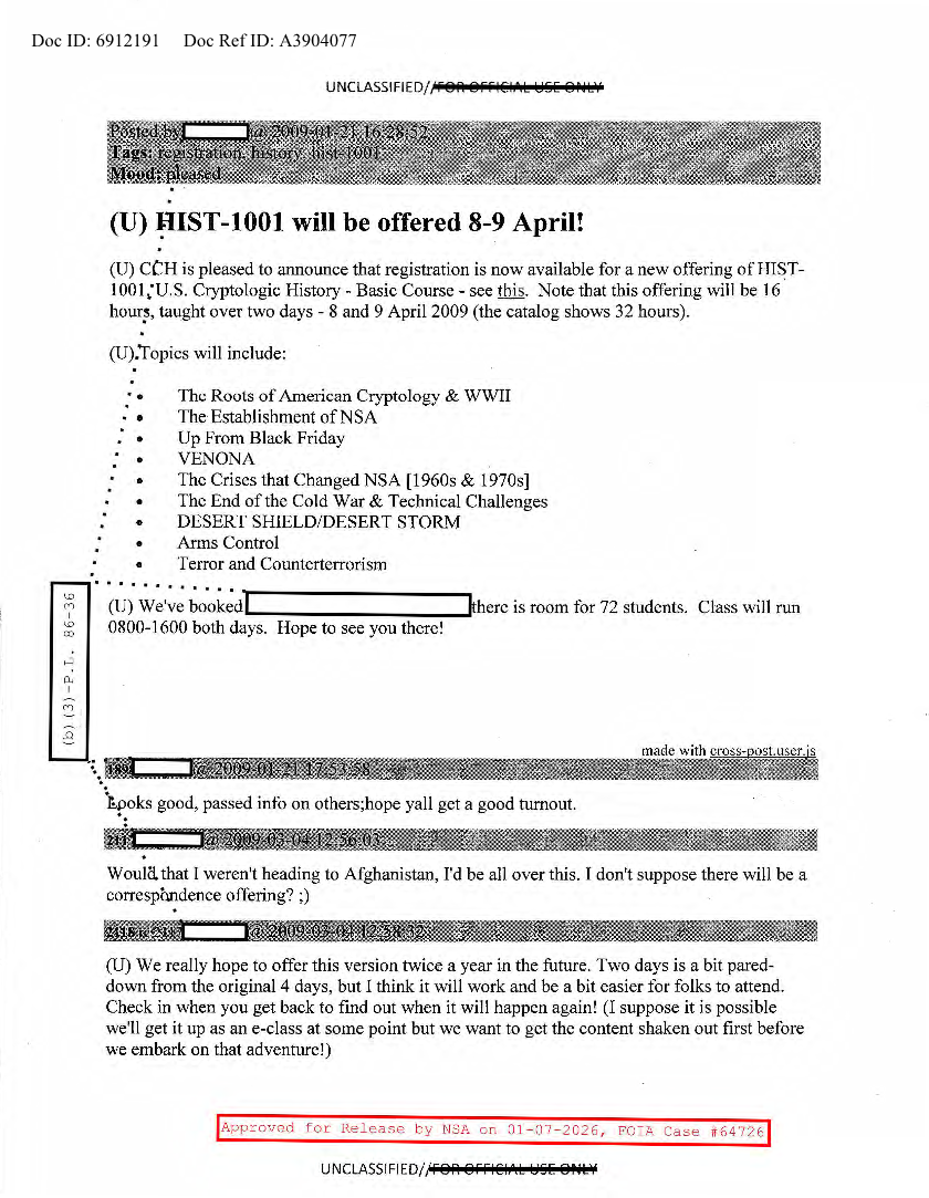  NSA HISTORY ROCKS-HIST-1001 WILL BE OFFERED 8-9 APRIL
