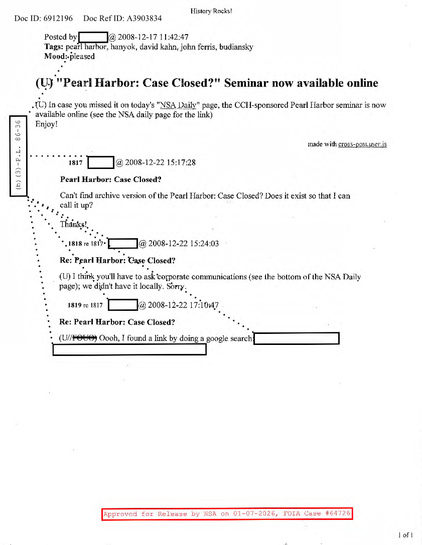  NSA HISTORY ROCKS-'PEARL HARBOR-CASE CLOSED' SEMINAR NOW AVAILABLE ONLINE