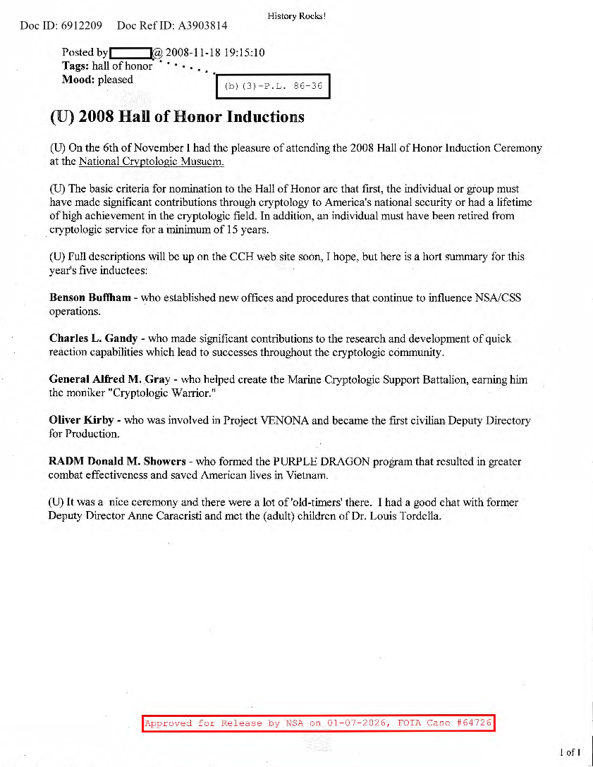 NSA HISTORY ROCKS-2008 HALL OF HONOR INDUCTIONS