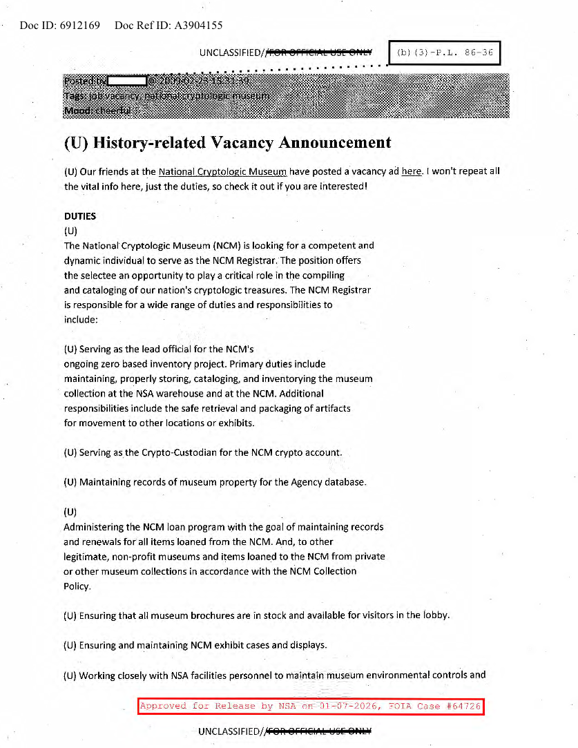  NSA HISTORY ROCKS-HISTORY-RELATED VACANCY ANNOUNCEMENT