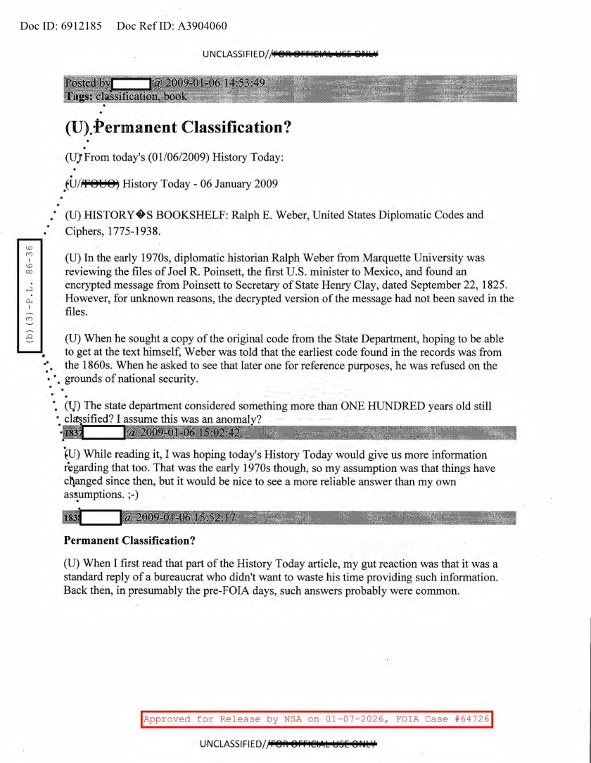  NSA HISTORY ROCKS-PERMANENT CLASSIFICATION