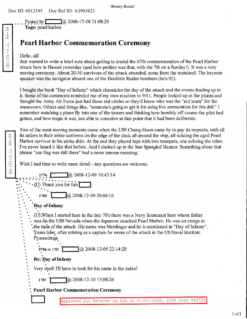  NSA HISTORY ROCKS-PEARL HARBOR COMMEMORATION CEREMONY