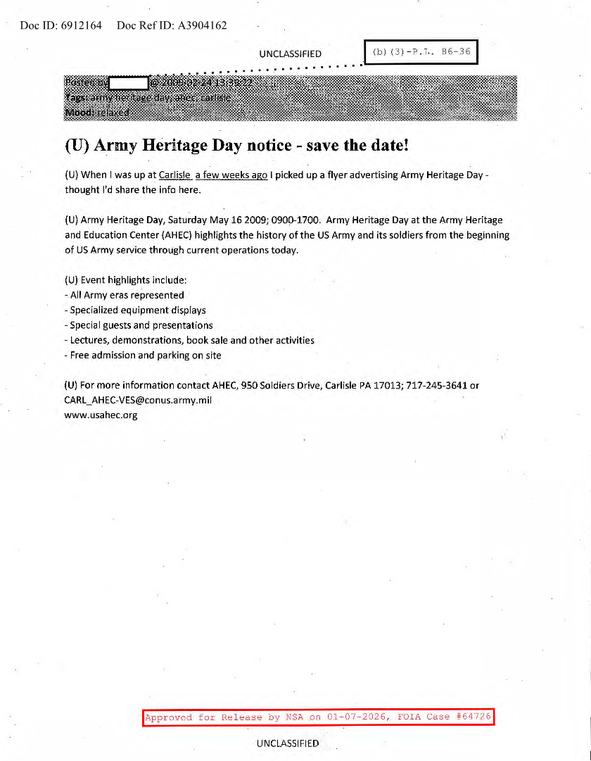  NSA HISTORY ROCKS-ARMY HERITAGE DAY NOTICE-SAVE THE DATE!