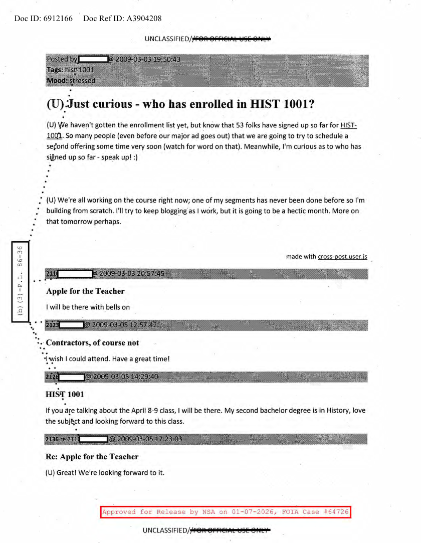  NSA HISTORY ROCKS-JUST CURIOUS-WHO HAS ENROLLED IN HIST 1001