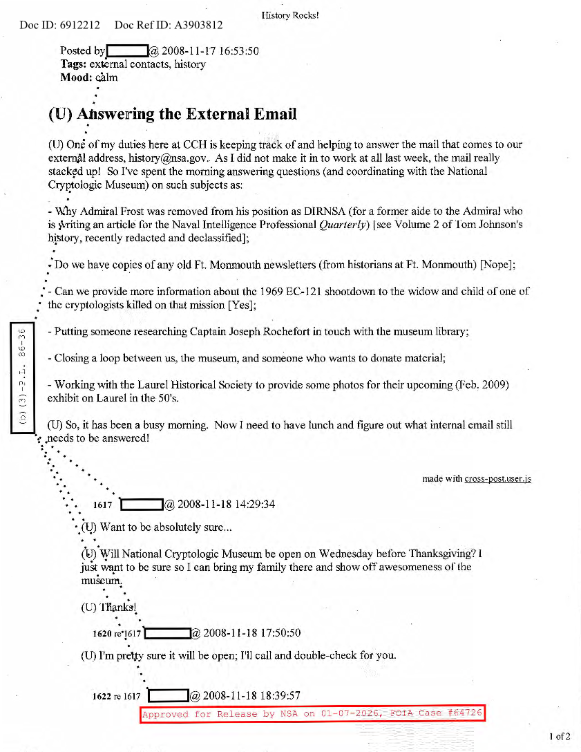  NSA HISTORY ROCKS-ANSWERING THE EXTERNAL EMAIL
