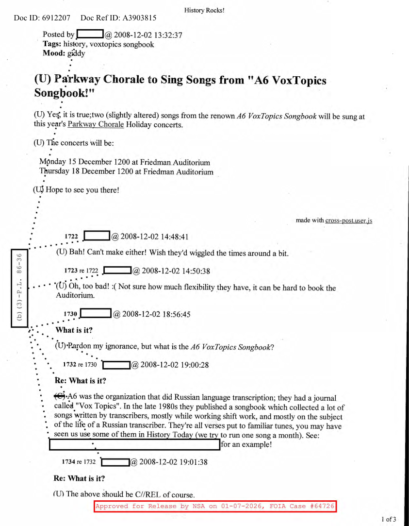  NSA HISTORY ROCKS-PARKWAY CHORALE TO SING SONGS FROM 'A6 VOXTOPICS SONGBOOK'