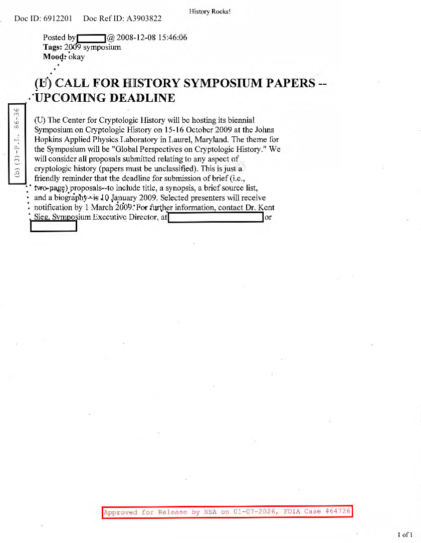  NSA HISTORY ROCKS-CALL FOR HISTORY SYMPOSIUM PAPERS-UPCOMING DEADLINE
