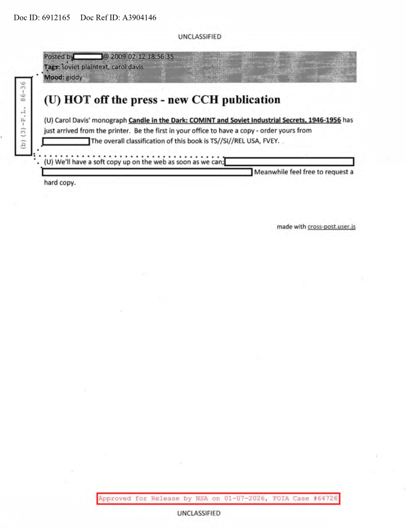  NSA HISTORY ROCKS-HOT OFF THE PRESS-NEW CCH PUBLICATION