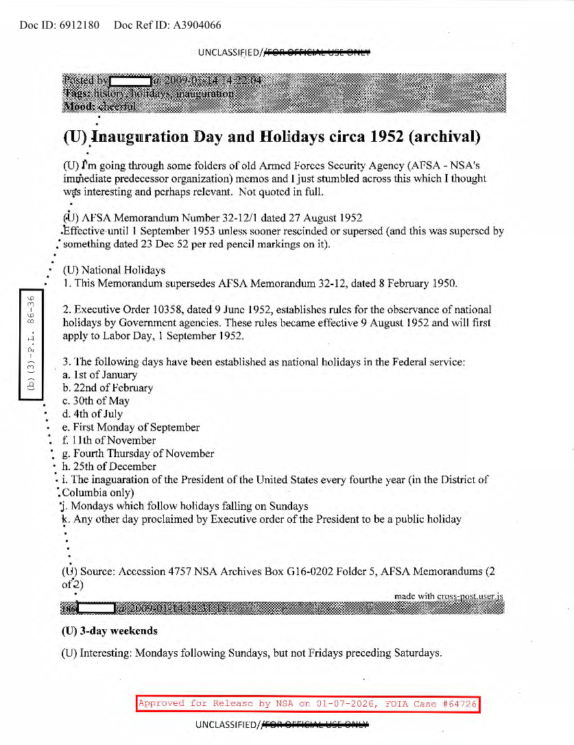  NSA HISTORY ROCKS-INAUGURATION DAY AND HOLIDAYS CIRCA 1952 (ARCHIVAL)