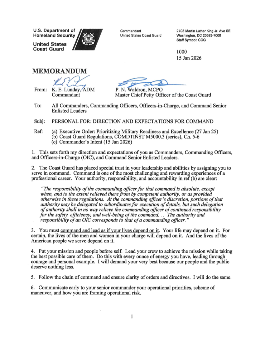  PERSONAL FOR DIRECTION AND EXPECTATIONS FOR COMMAND