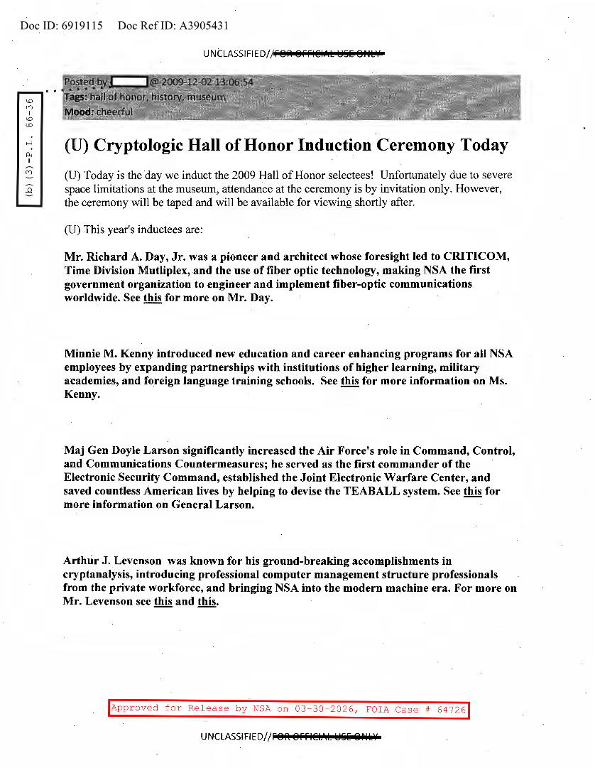  NSA-HISTORY ROCKS-CRYPTOLOGIC HALL OF HONOR INDUCTION CEREMONY TODAY.PDF
