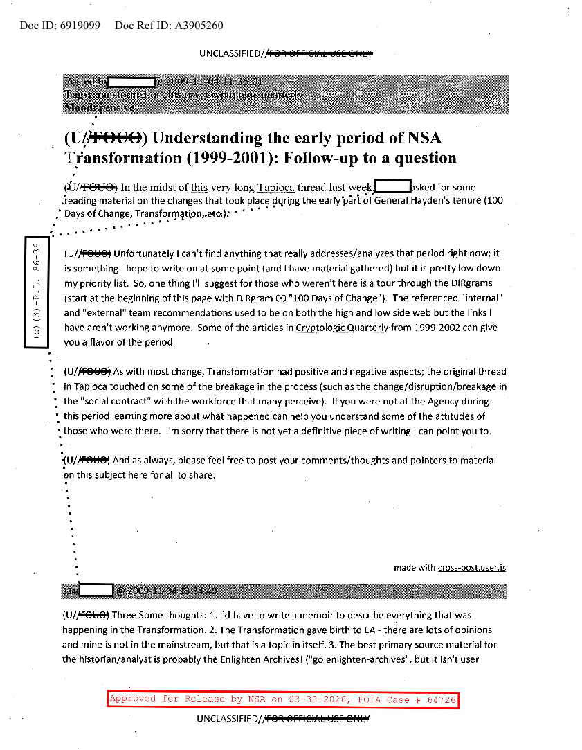  NSA  HISTORY ROCKS  UNDERSTANDING THE EARLY PERIOD OF NSA TRANSFORMATION (1999-2001)  FOLLOW-UP TO A QUESTION.PDF