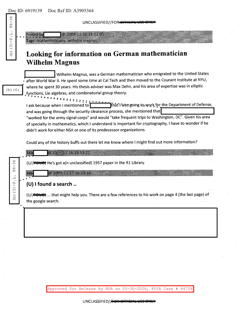  NSA -HISTORY ROCKS -LOOKING FOR INFORMATION ON GERMAN MATHEMATICIAN WILHELM MAGNUS.PDF