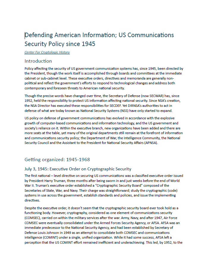  Defending American Information; U.S. Communications Security Policy since 1945