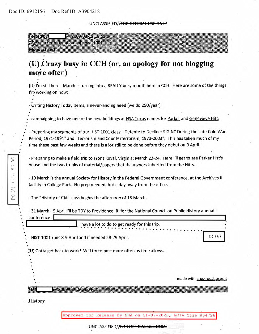  NSA HISTORY ROCKS-CRAZY BUSY IN CCH (OR, AN APOLOGY FOR NOT BLOGGING MORE OFTEN)