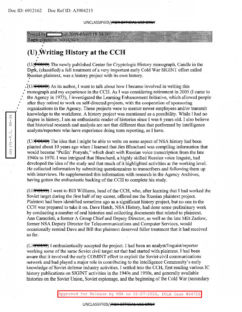  NSA HISTORY ROCKS-WRITING HISTORY AT THE CCH