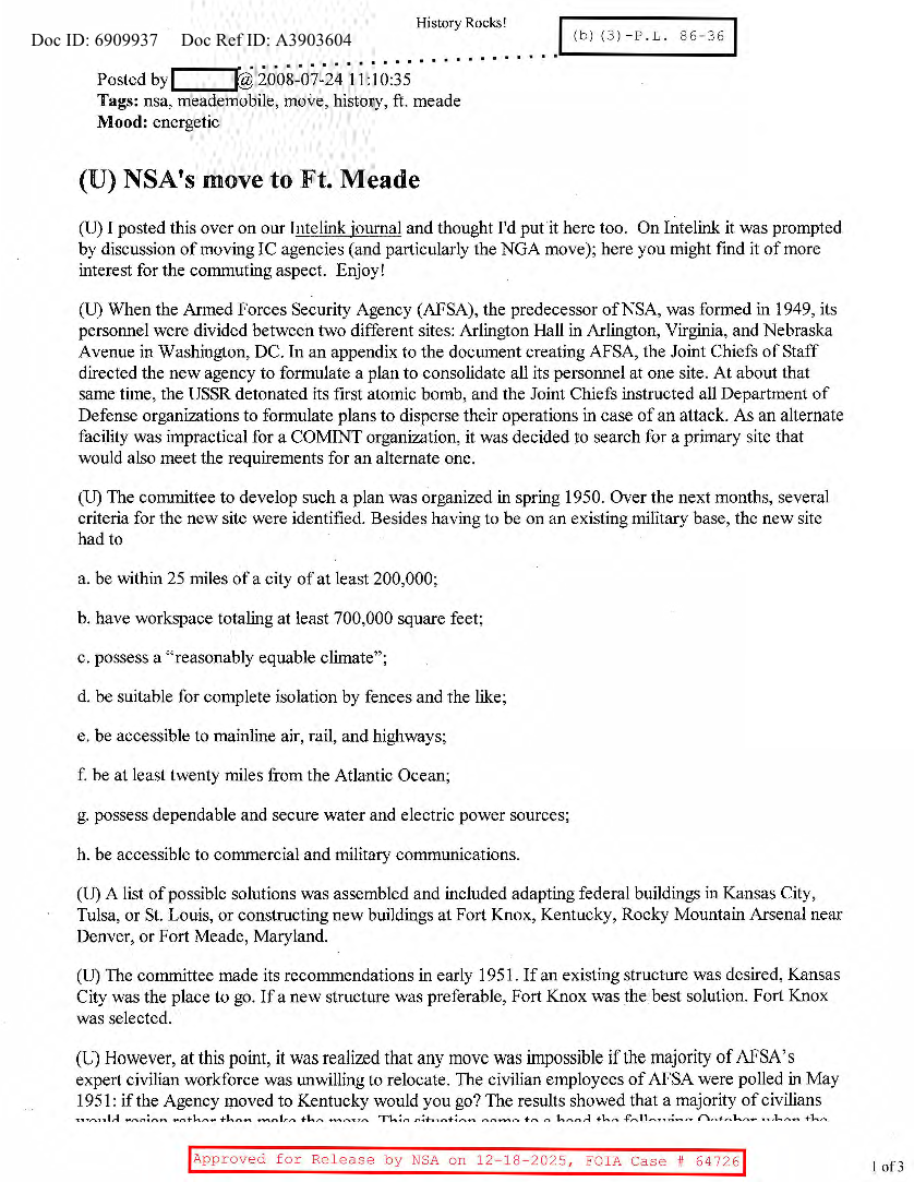  NSA HISTORY ROCKS-NSA'S MOVE TO FT. MEADE