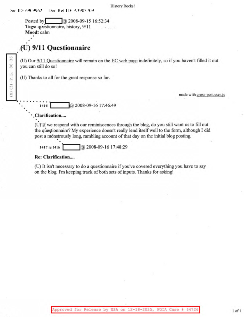  NSA HISTORY ROCKS-9-11 QUESTIONNAIRE