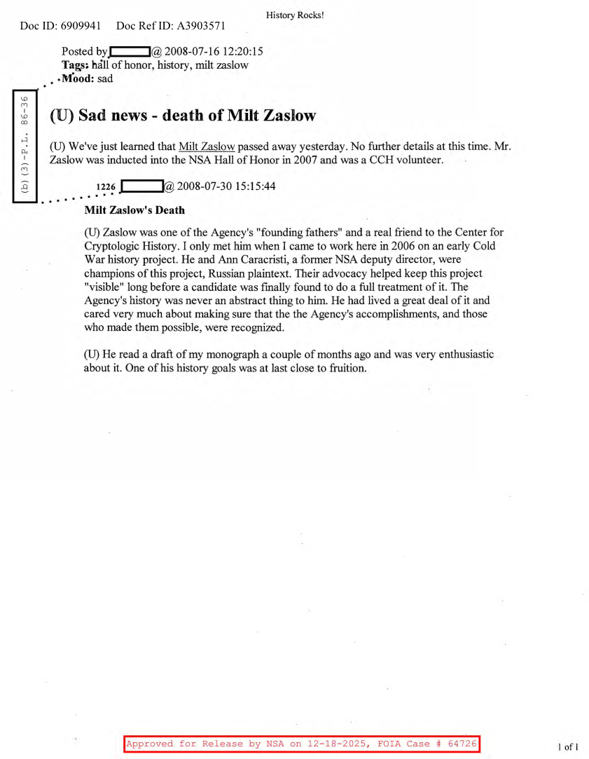  NSA HISTORY ROCKS-SAD NEWS-DEATH OF MILT ZASLOW