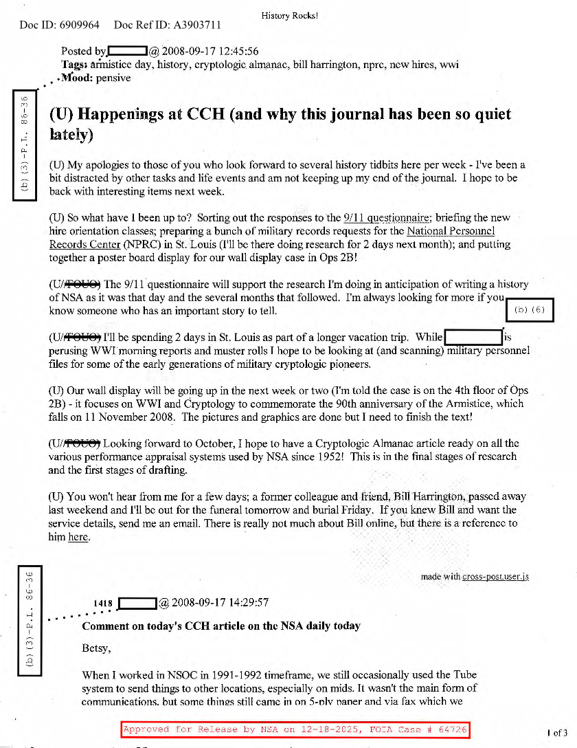  NSA HISTORY ROCKS-HAPPENINGS AT CCH (AND WHY THIS JOURNAL HAS BEEN QUITE LATELY)