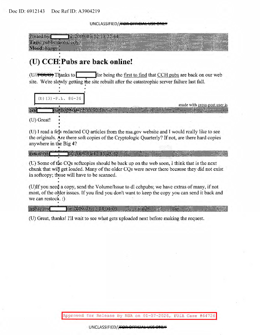  NSA HISTORY ROCKS-CCH PUBS ARE BACK ONLINE