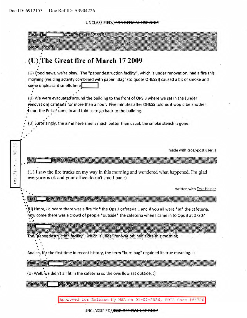  NSA HISTORY ROCKS-THE GREAT FIRE OF MARCH 17 2009
