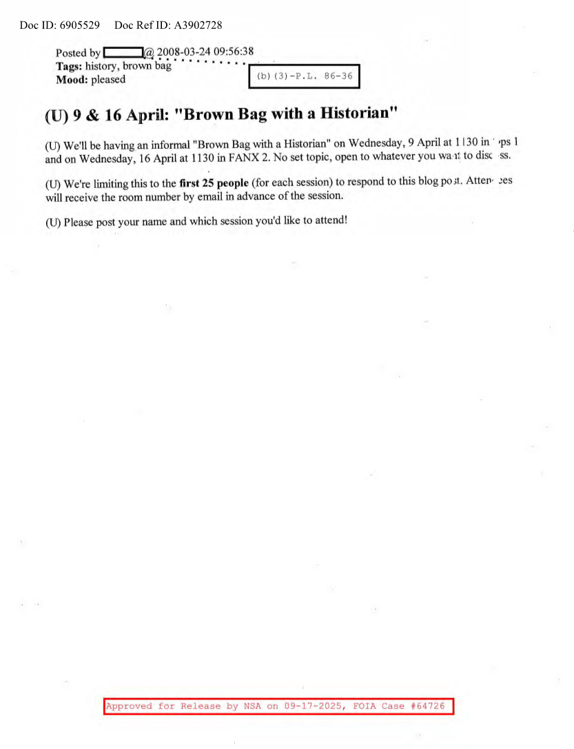  NSA HISTORY ROCKS-9 & 16 APRIL 'BROWN BAG WITH A HISTORIAN'