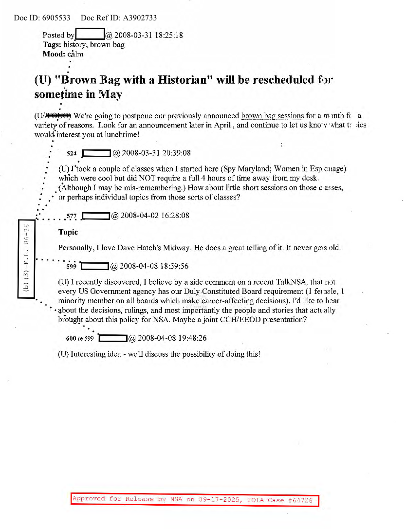  NSA HISTORY ROCKS-'BROWN BAG WITH A HISTORIAN' WILL BE RESCHEDULED FOR SOMETIME IN MAY